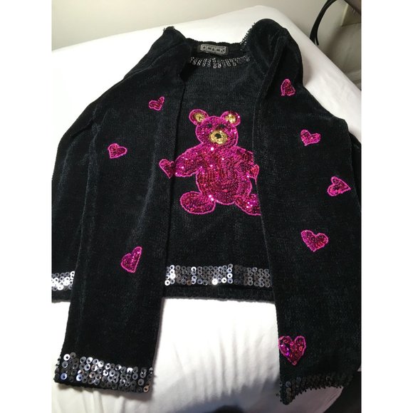 Vintage Berek Pink Sequin Teddy Bear/Heart Sweater (Valentines Day) size Medium - Picture 9 of 12